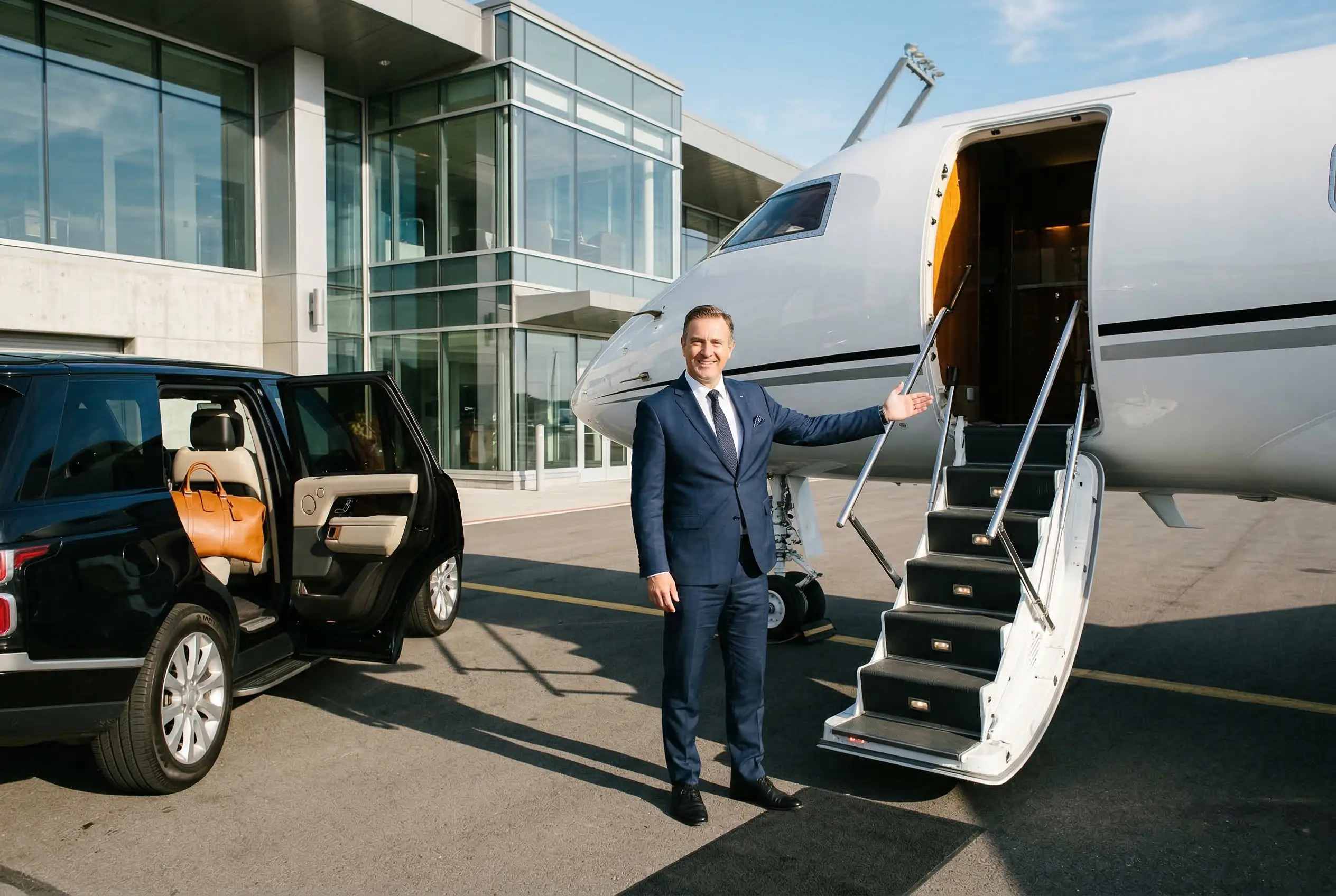 Private aviation concierge welcoming passengers at FBO terminal