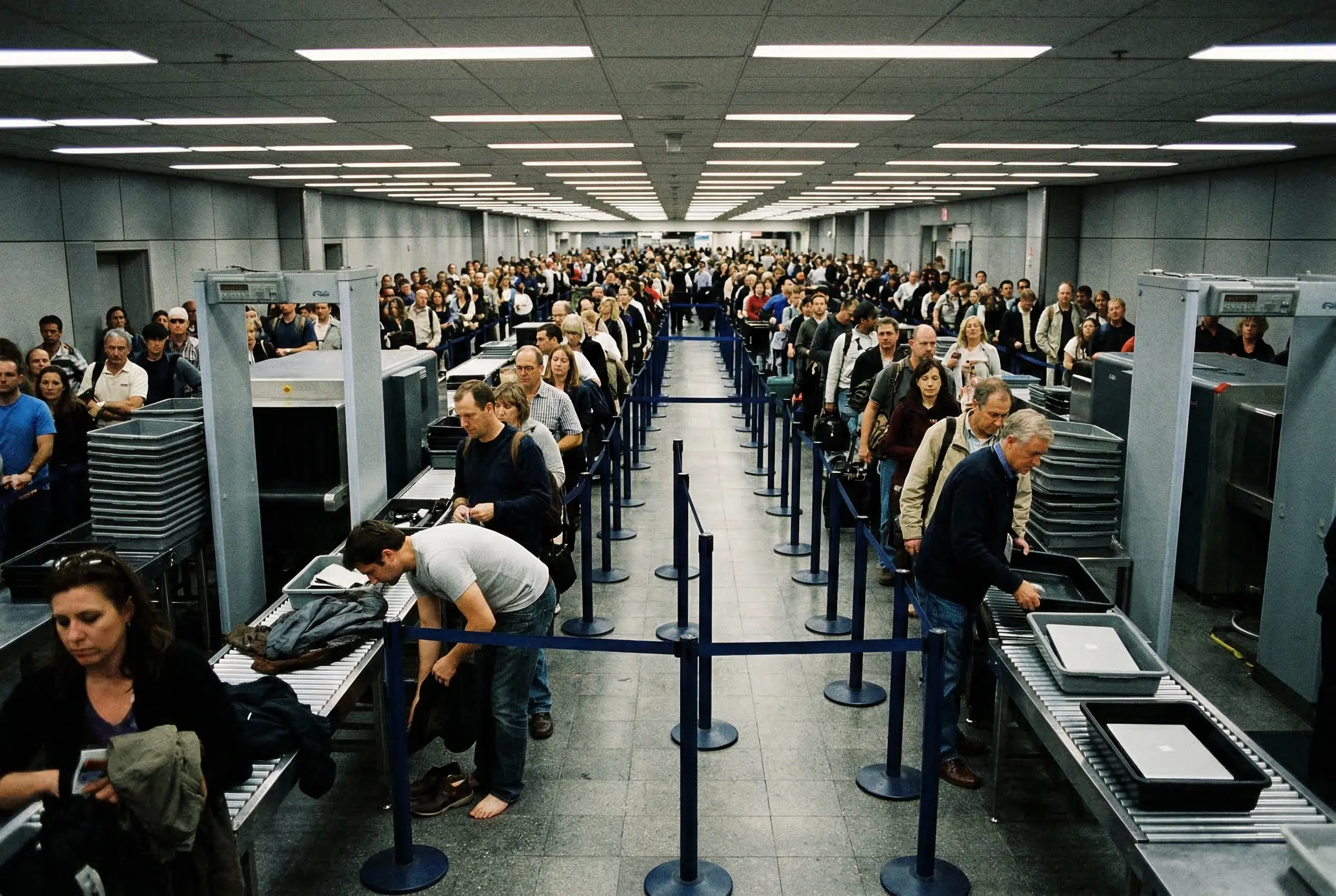 Crowded commercial airport security checkpoint with long queues